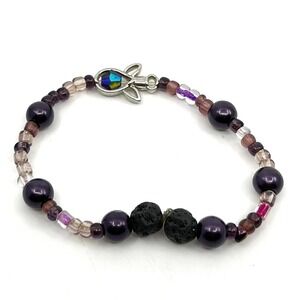 Vintage Purple Faux Pearl Lava Rock Beaded Stretch Bracelet Angel Crystal Accent
